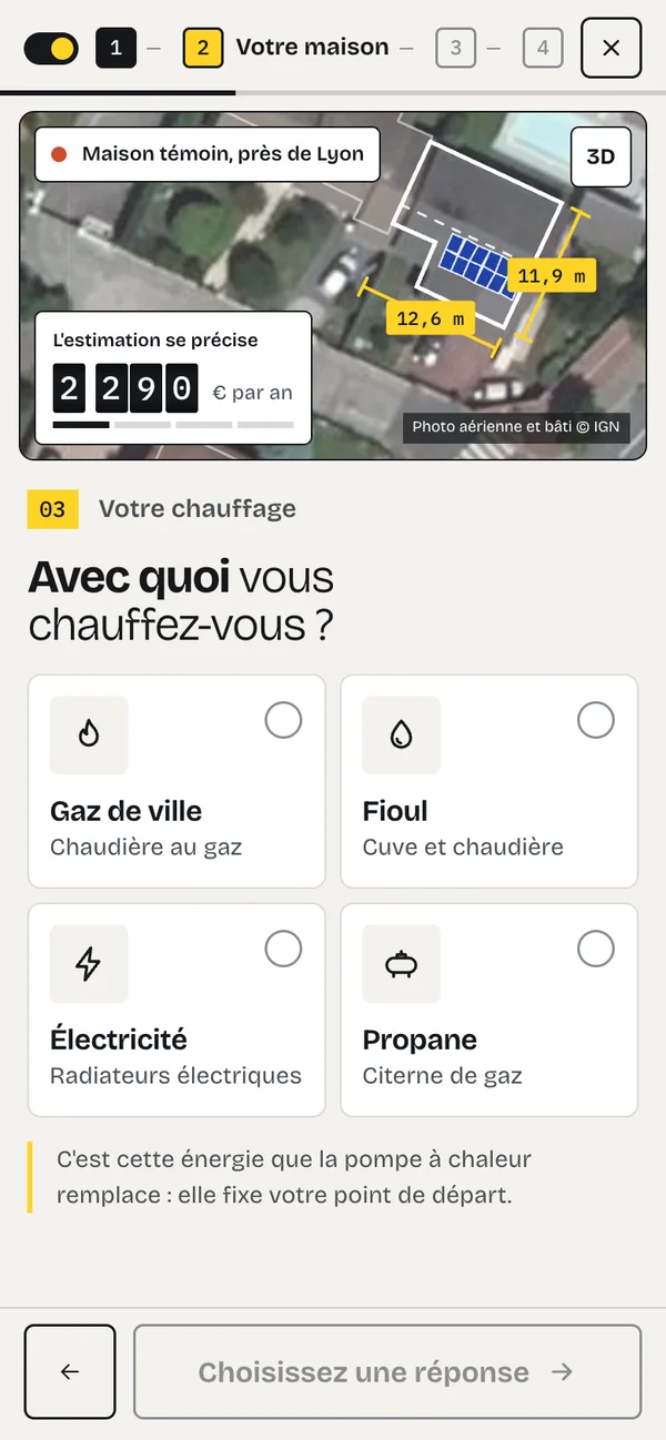 Écran du parcours : une question simple, quatre réponses à toucher