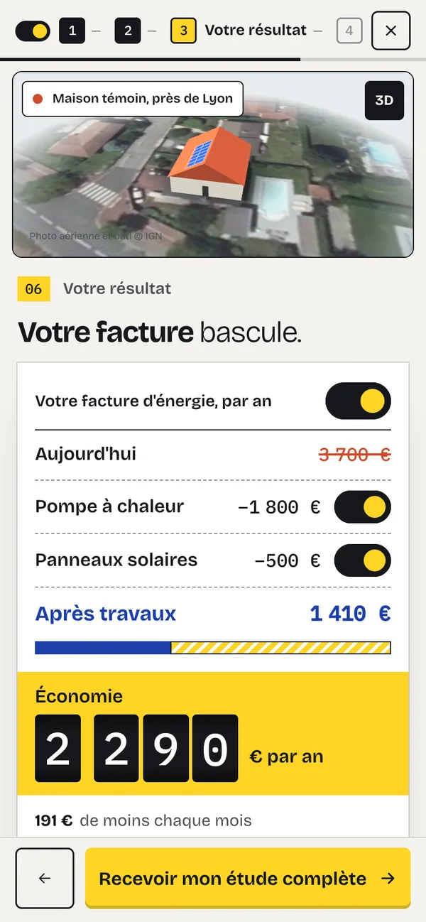 Écran du parcours : la facture avant et après travaux, et l'économie annuelle